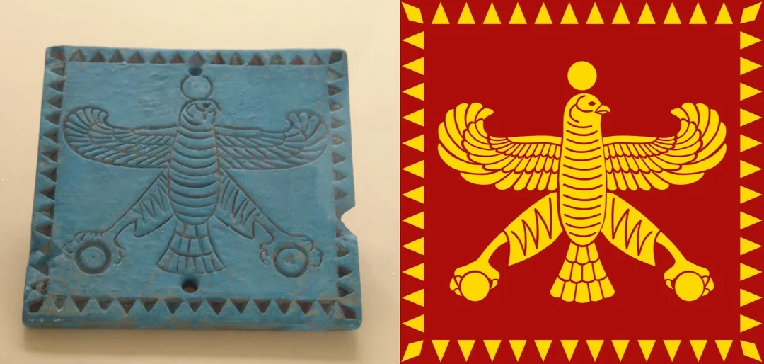 A blue glazed Achaemenid plaque showing the Shahbaz, beside a red and gold rendering of the royal falcon standard