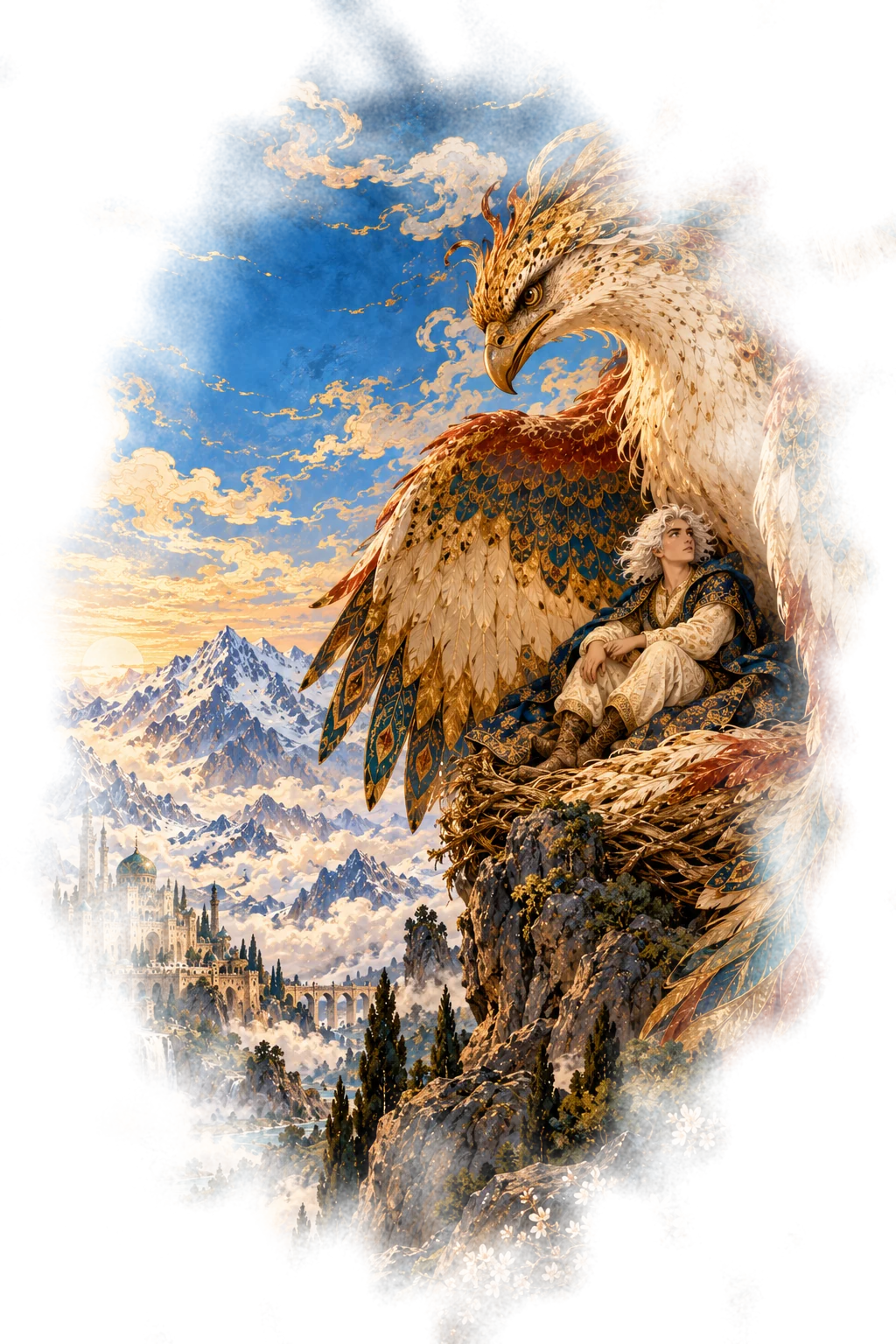 The young Zal sits in the nest beneath the Simurgh's wing