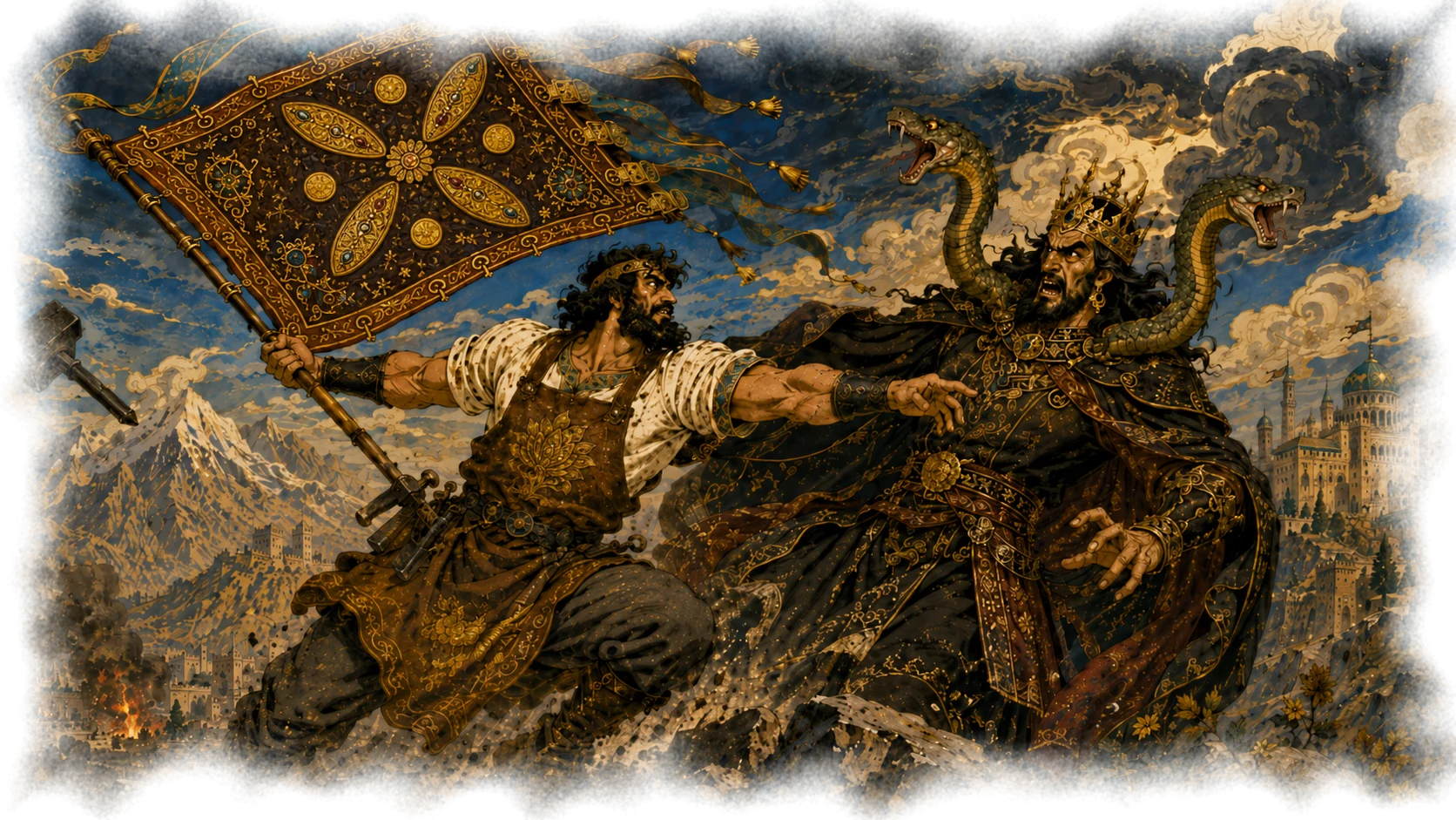 Kaveh raises the Derafsh Kaviani against Zahhak