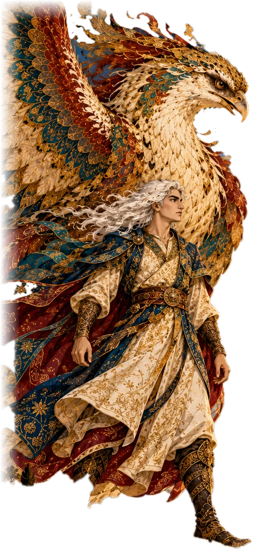 Zal stands before the Simurgh, her wings spread behind him