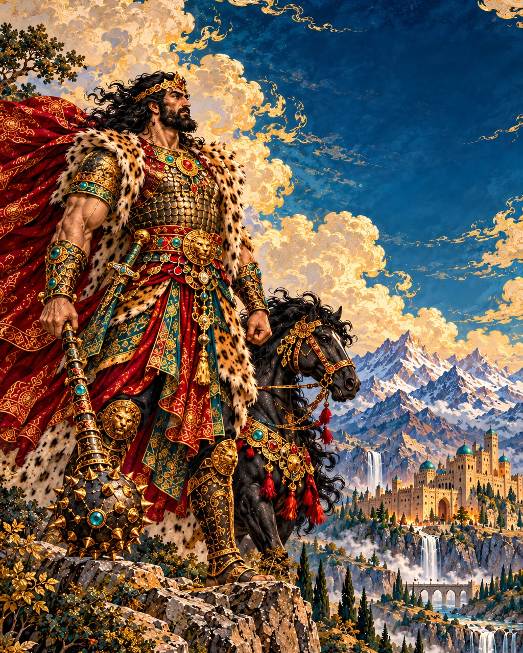 Rostam stands beside his horse Rakhsh, his mace in hand