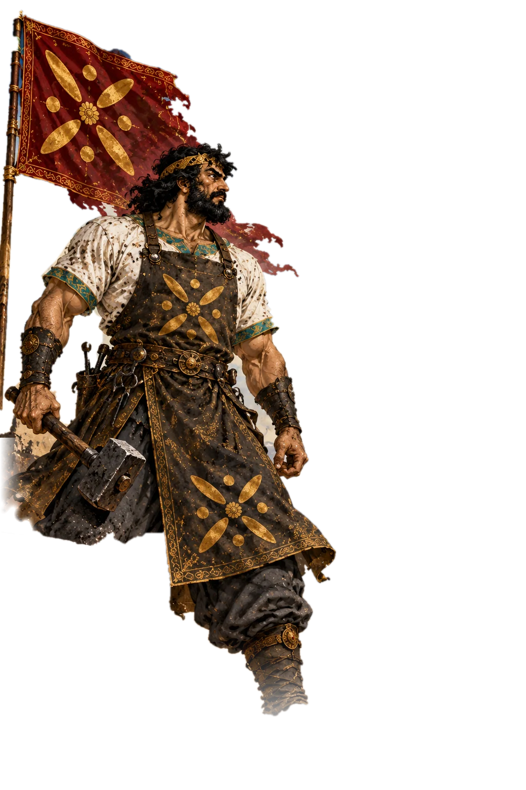 Kaveh stands with his hammer beneath the banner