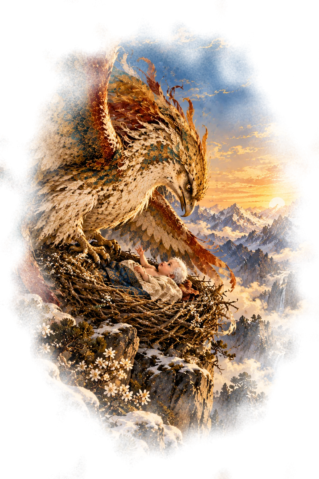The Simurgh bends over the infant Zal lying in her nest