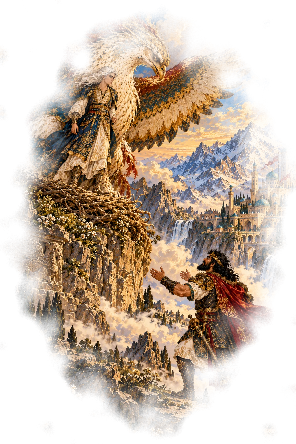 Sam stretches out his arms towards his son and the Simurgh on the mountain