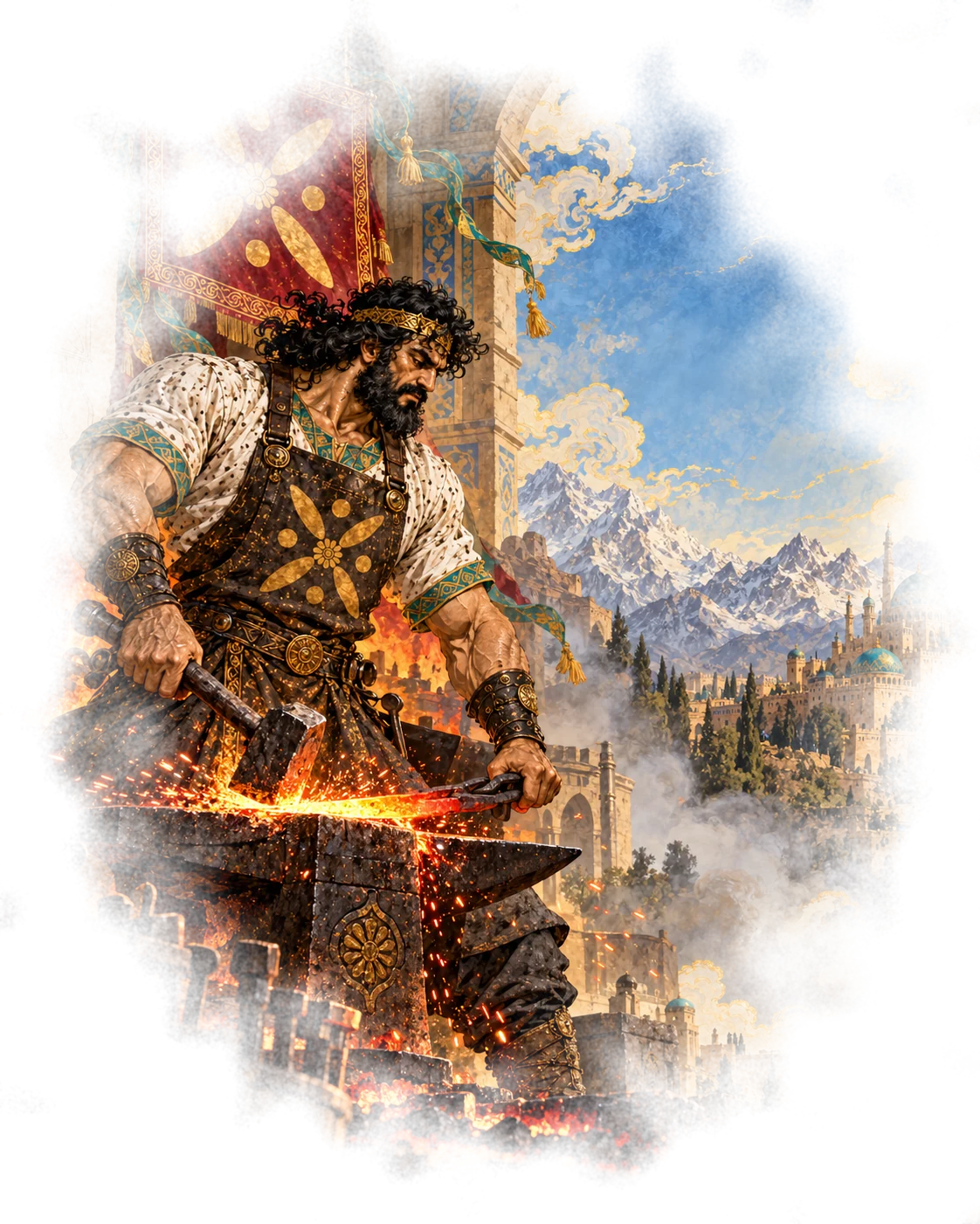 Kaveh the blacksmith at his anvil, sparks rising from the forge