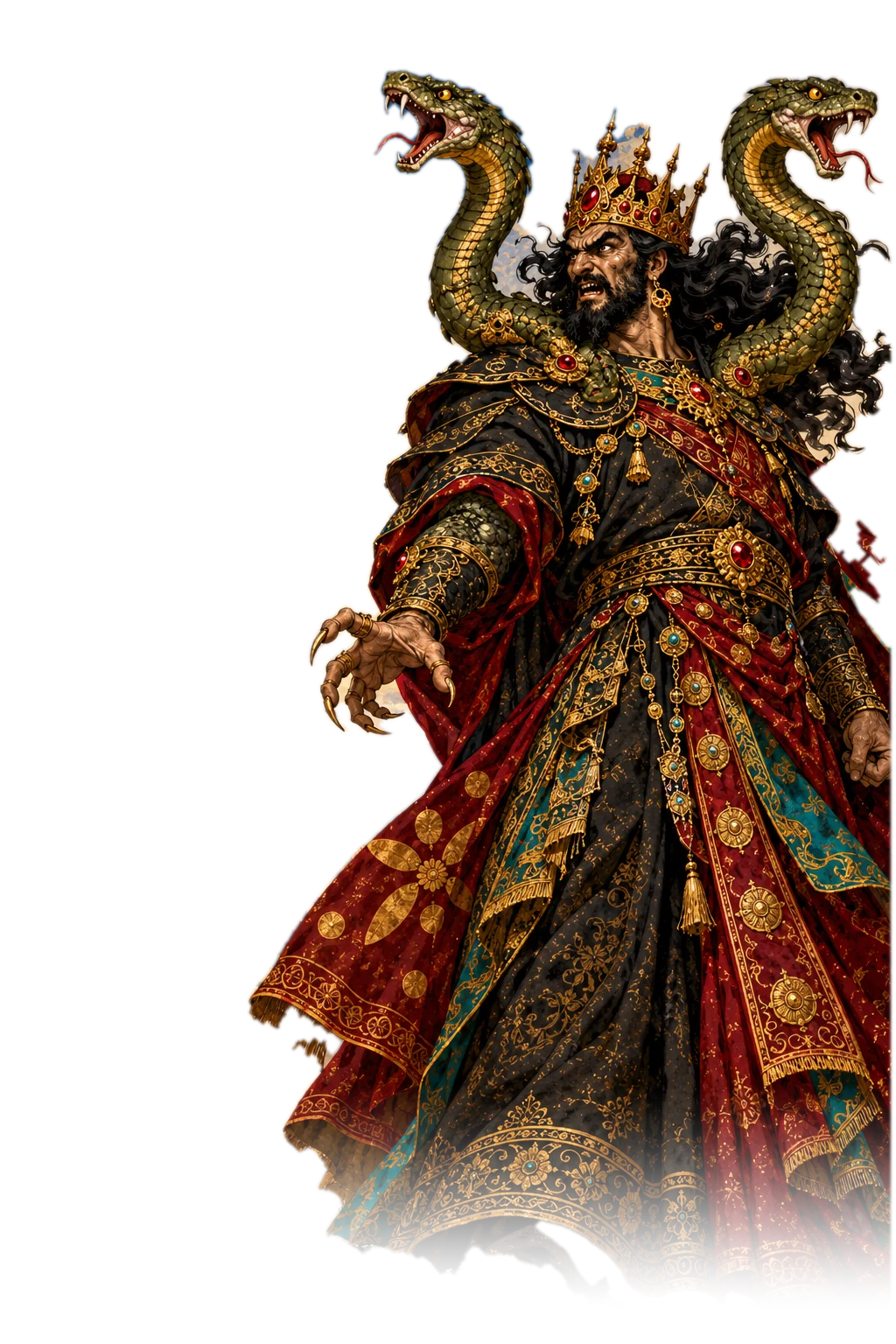 Zahhak, the serpent king, with two serpents rising from his shoulders