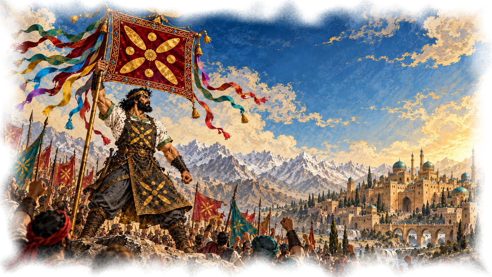 Kaveh raises the leather banner above the gathered crowd