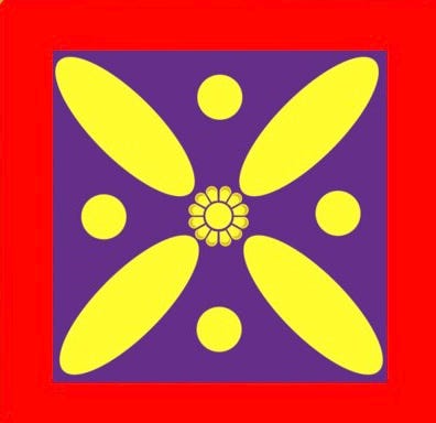 The Derafsh Kaviani: a yellow four-pointed star with a central flower on a purple field, framed in red