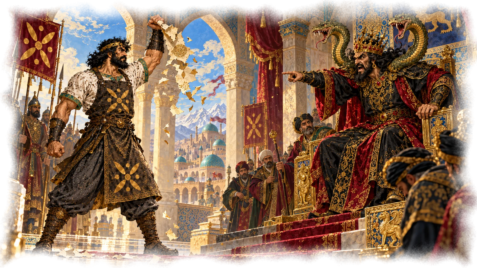 Kaveh tears up the declaration before Zahhak's throne