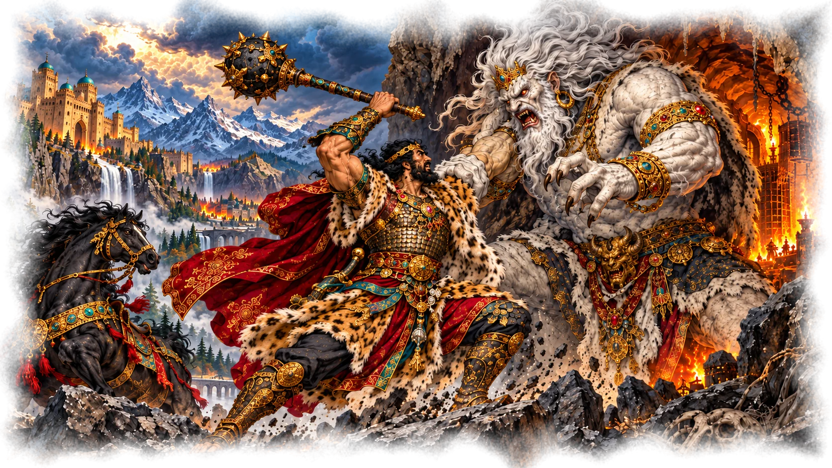 Rostam swings his mace at the White Demon in the mouth of the cave