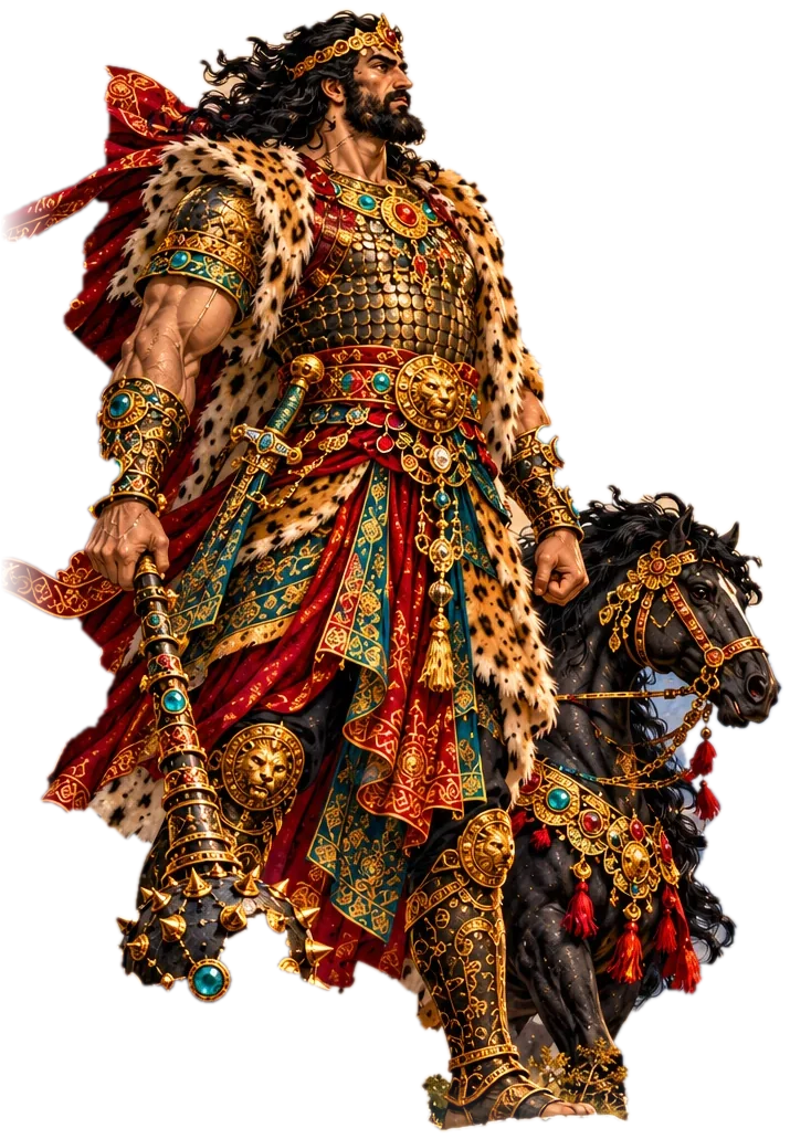 Rostam stands with his mace beside his horse Rakhsh