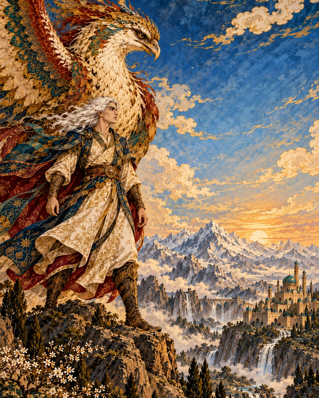 Zal stands before the Simurgh on the slopes of Mount Alborz