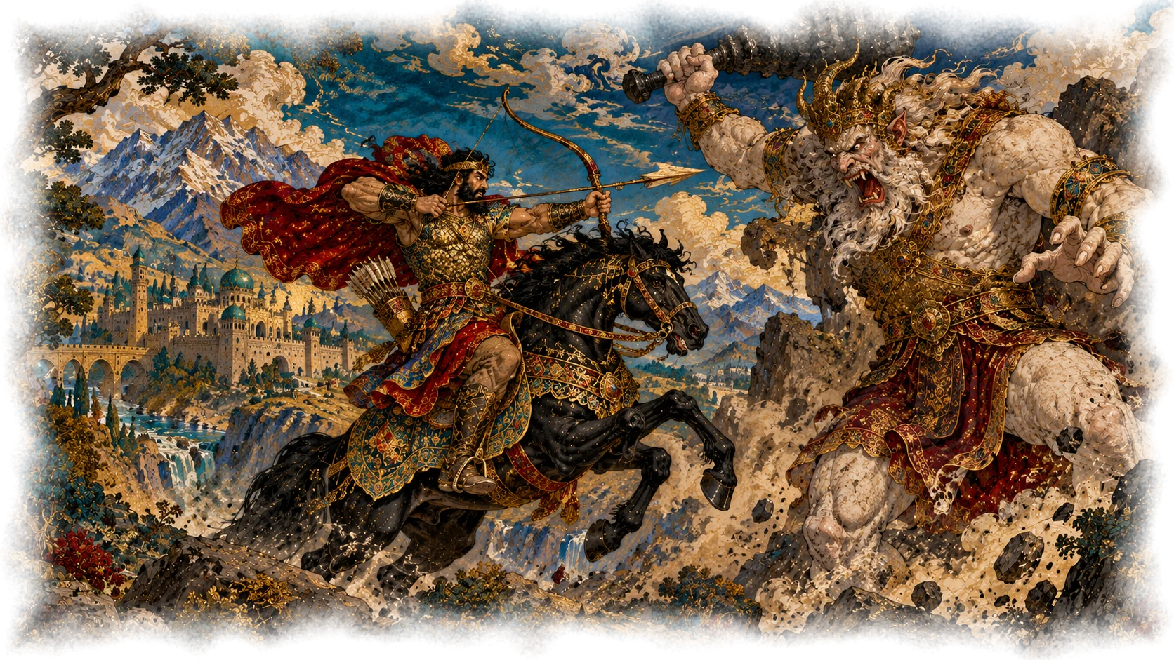Rostam on Rakhsh draws his bow against the White Demon