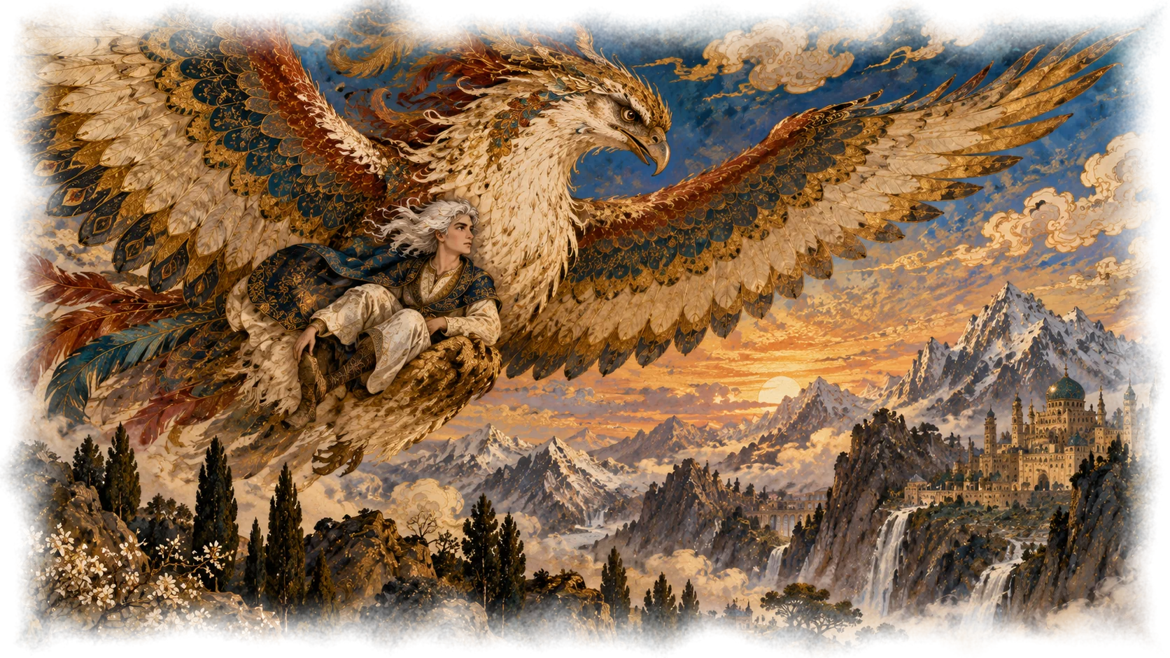 Zal rides on the back of the Simurgh above the mountains